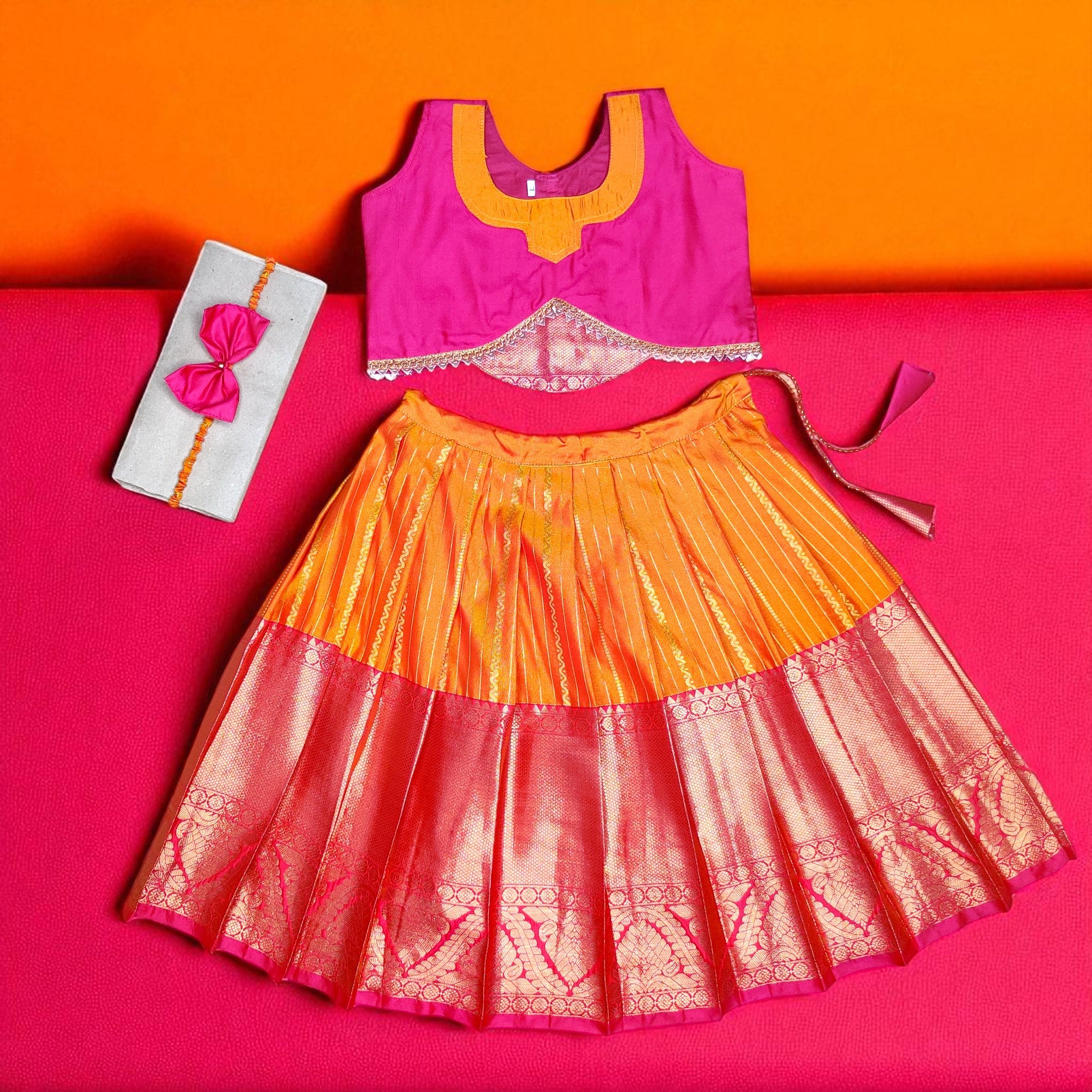 Kids silk frocks - orange with pink pattu pavadai