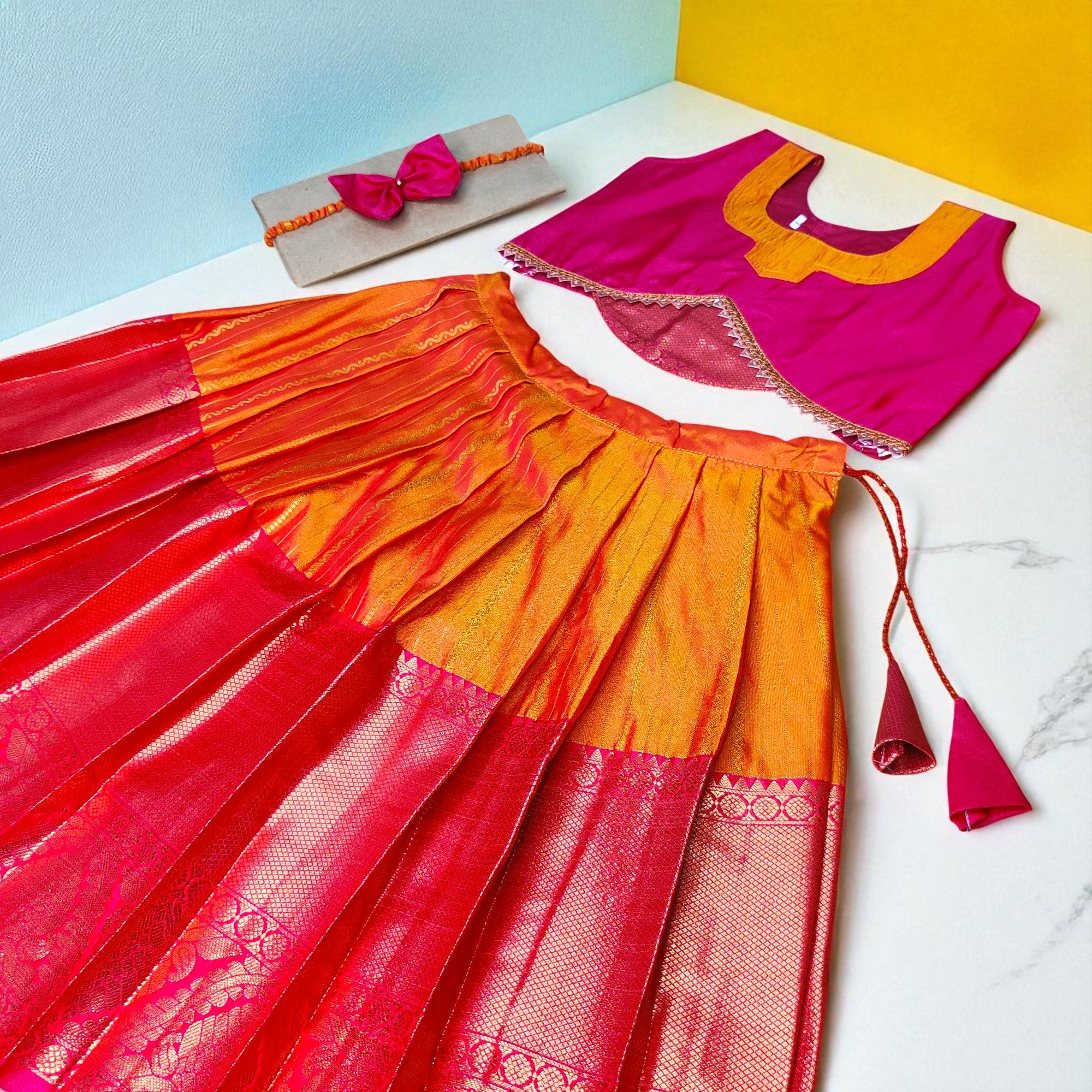 Kids silk frocks - orange with pink pattu pavadai