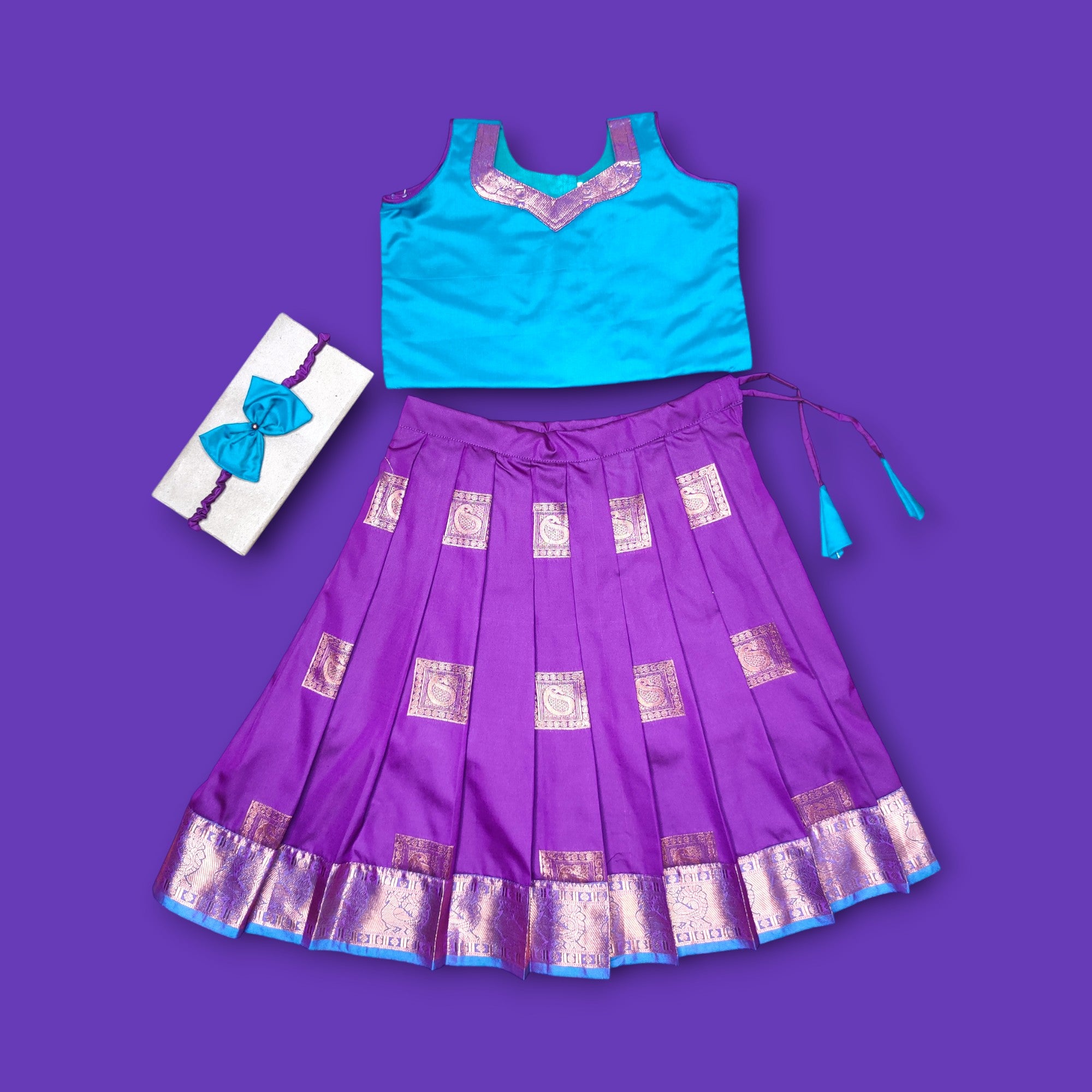 Kids silk frocks - Teal green with purple frock type pattu pavadai