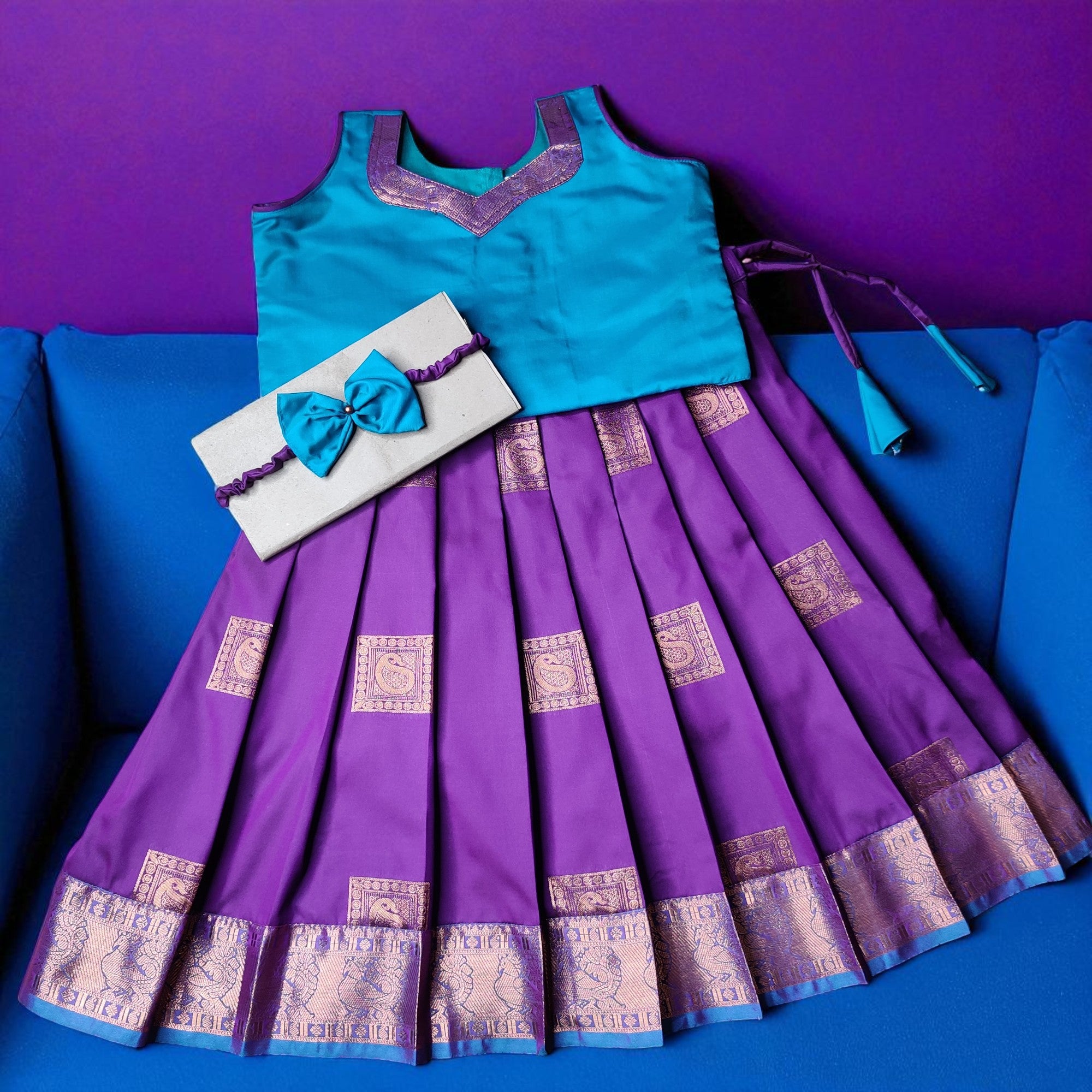 Kids silk frocks - Teal green with purple frock type pattu pavadai