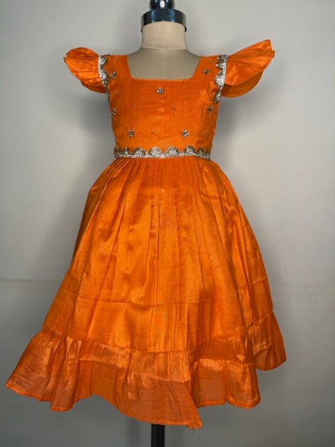 Laya -Orange Elegant Pure tissue cotton frocks for kids to children