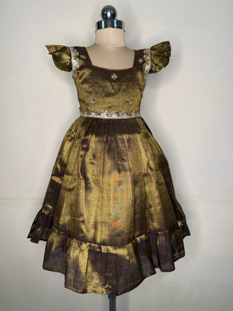 Laya - Blackish Golden Elegant Pure tissue cotton frocks for kids to children