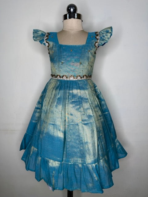 Laya -Sky blue with gold Elegant Pure tissue cotton frocks for kids and children