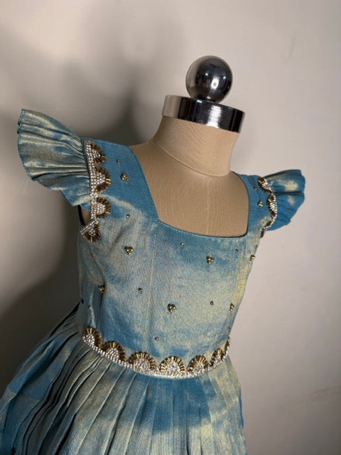 Laya -Sky blue with gold Elegant Pure tissue cotton frocks for kids and children