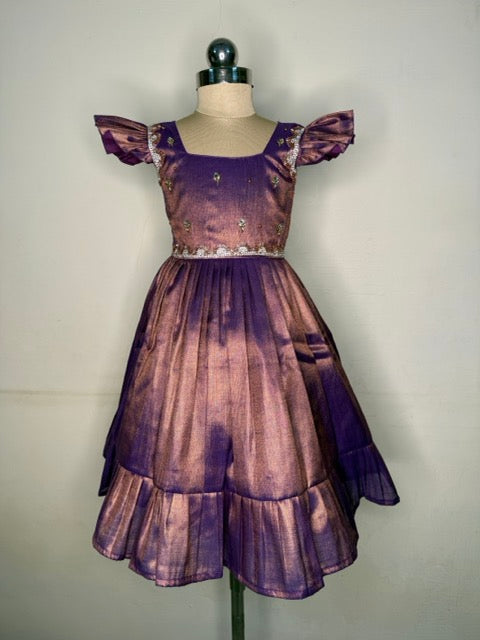 Laya -Purple with copper Elegant Pure tissue cotton frocks for kids and children