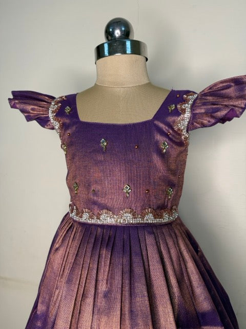 Laya -Purple with copper Elegant Pure tissue cotton frocks for kids and children