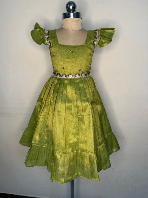 Laya - Green Elegant Pure tissue cotton frocks for kids and children