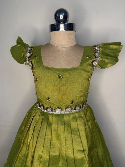 Laya - Green Elegant Pure tissue cotton frocks for kids and children