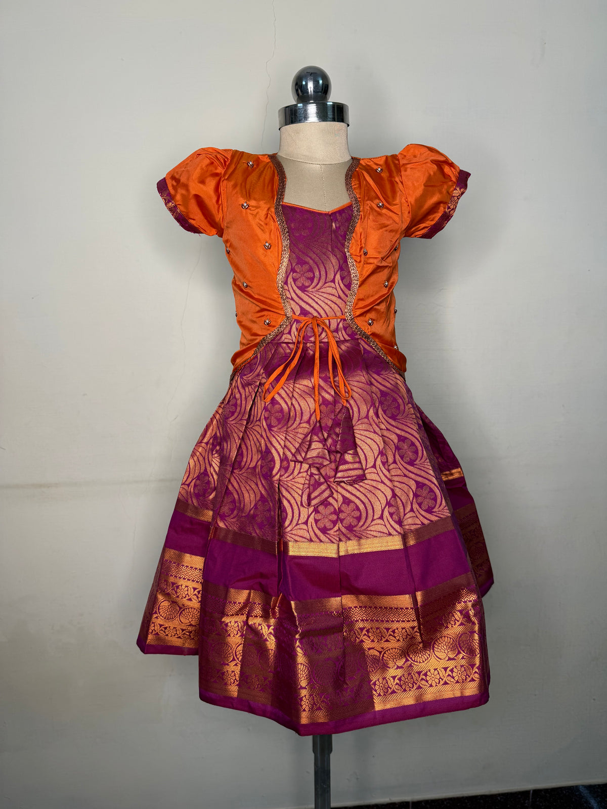 Alagi pattu pavadai Orange with Pink for kids and children