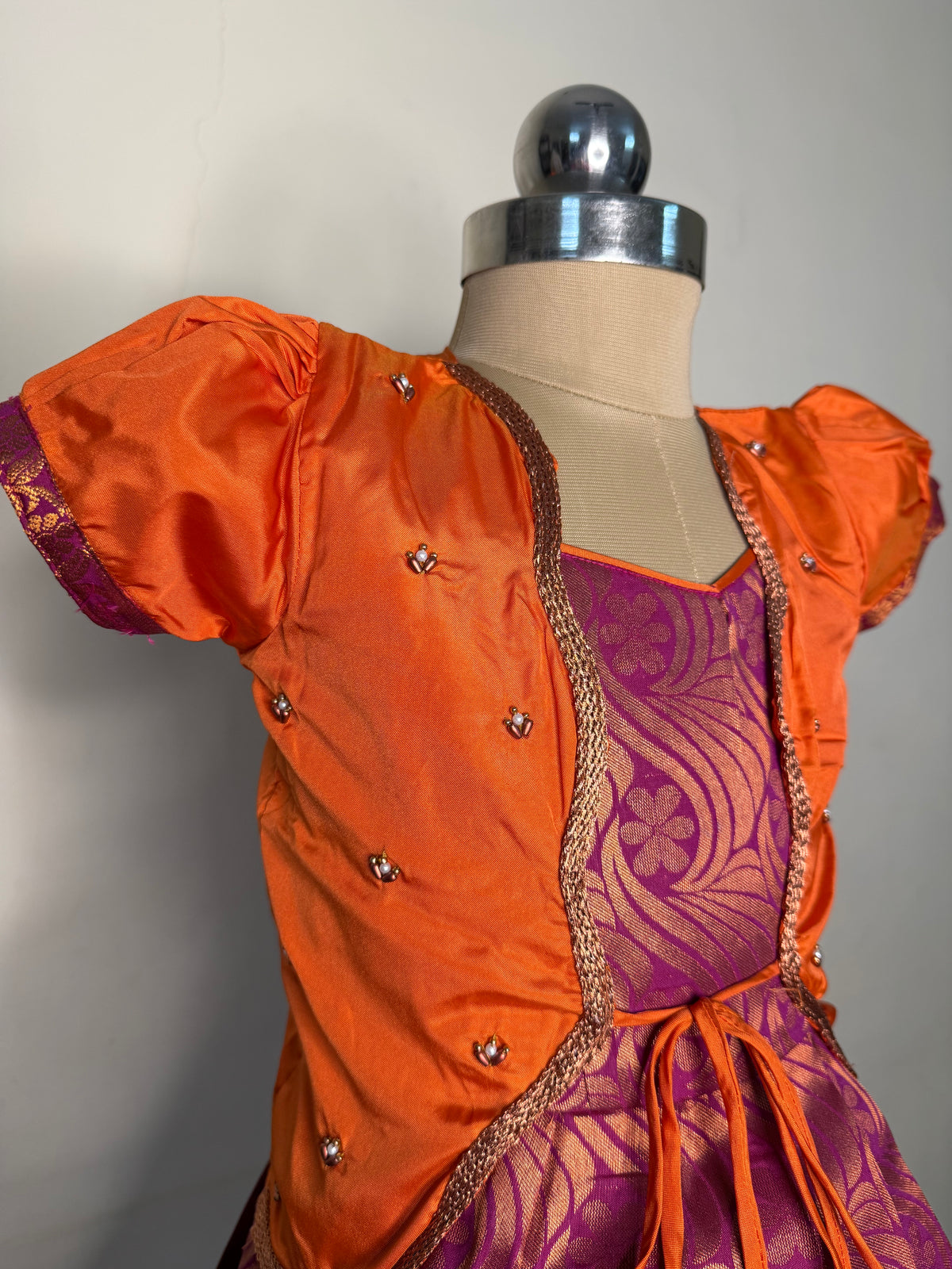 Alagi pattu pavadai Orange with Pink for kids and children