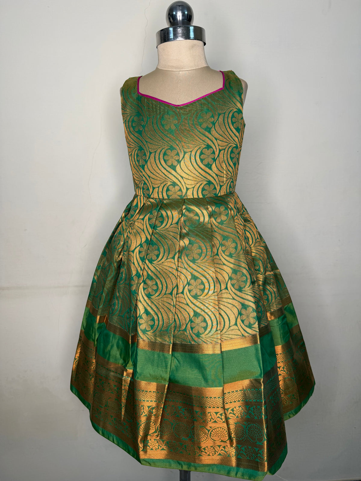 Alagi pattu pavadai pink with green for kids and children