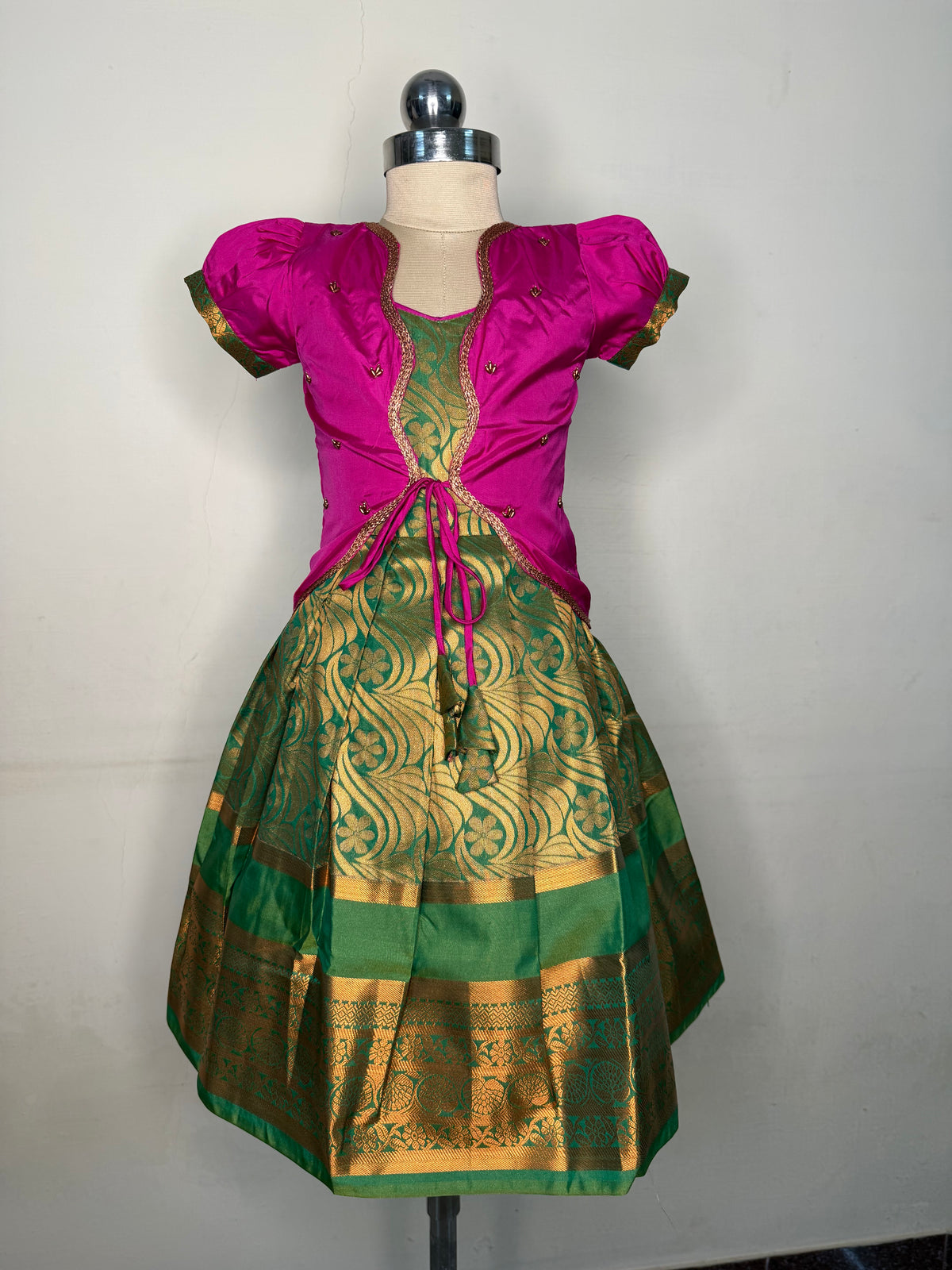 Alagi pattu pavadai pink with green for kids and children