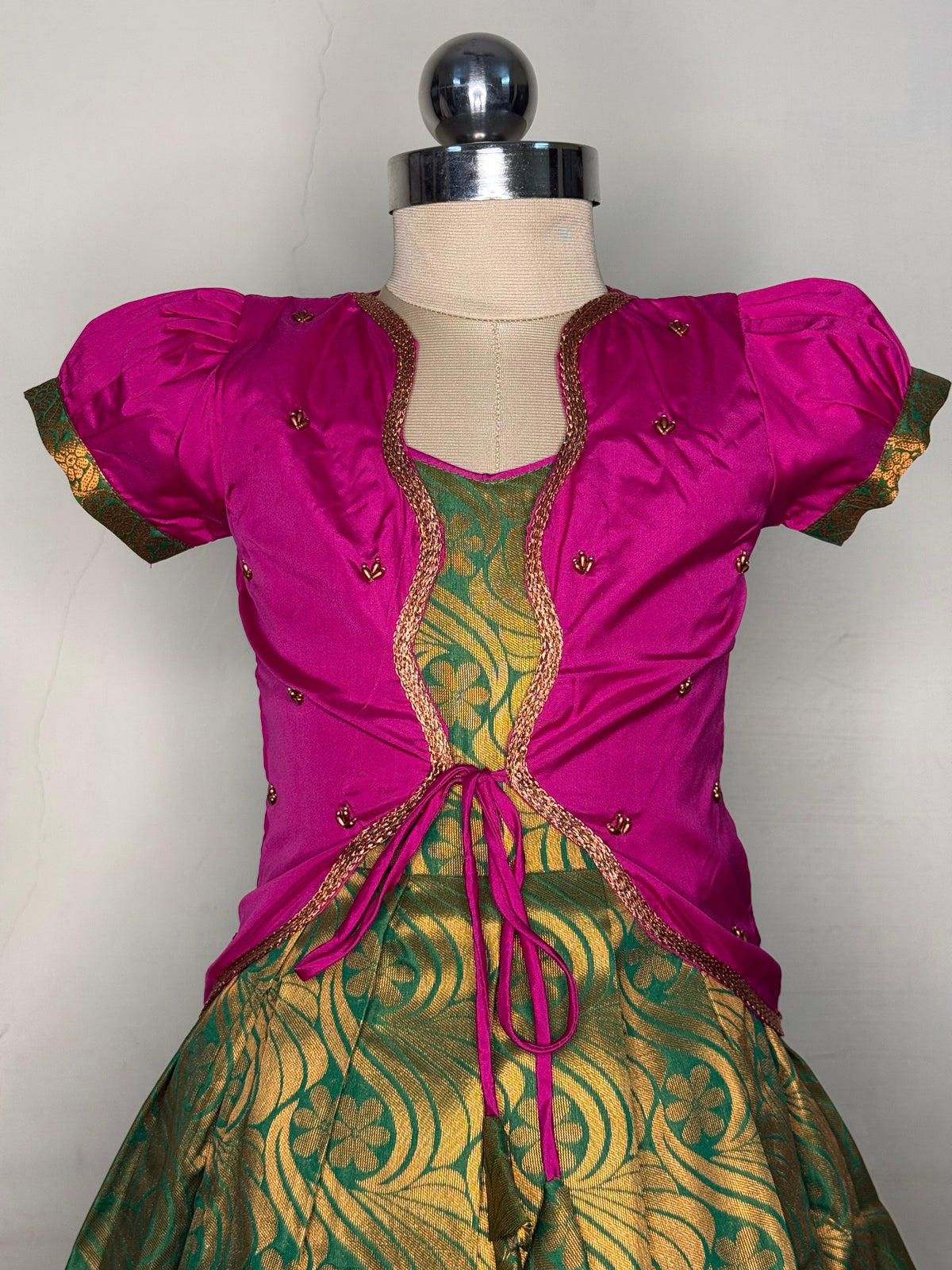Alagi pattu pavadai pink with green for kids and children