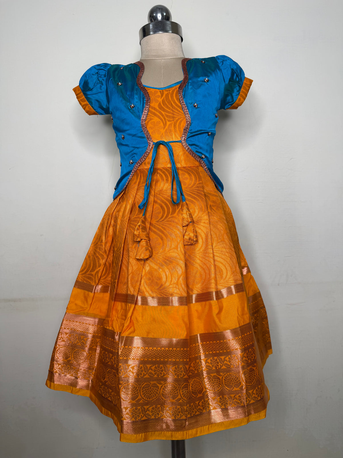 Alagi pattu pavadai Sky blue with Mango yellow for kids and children