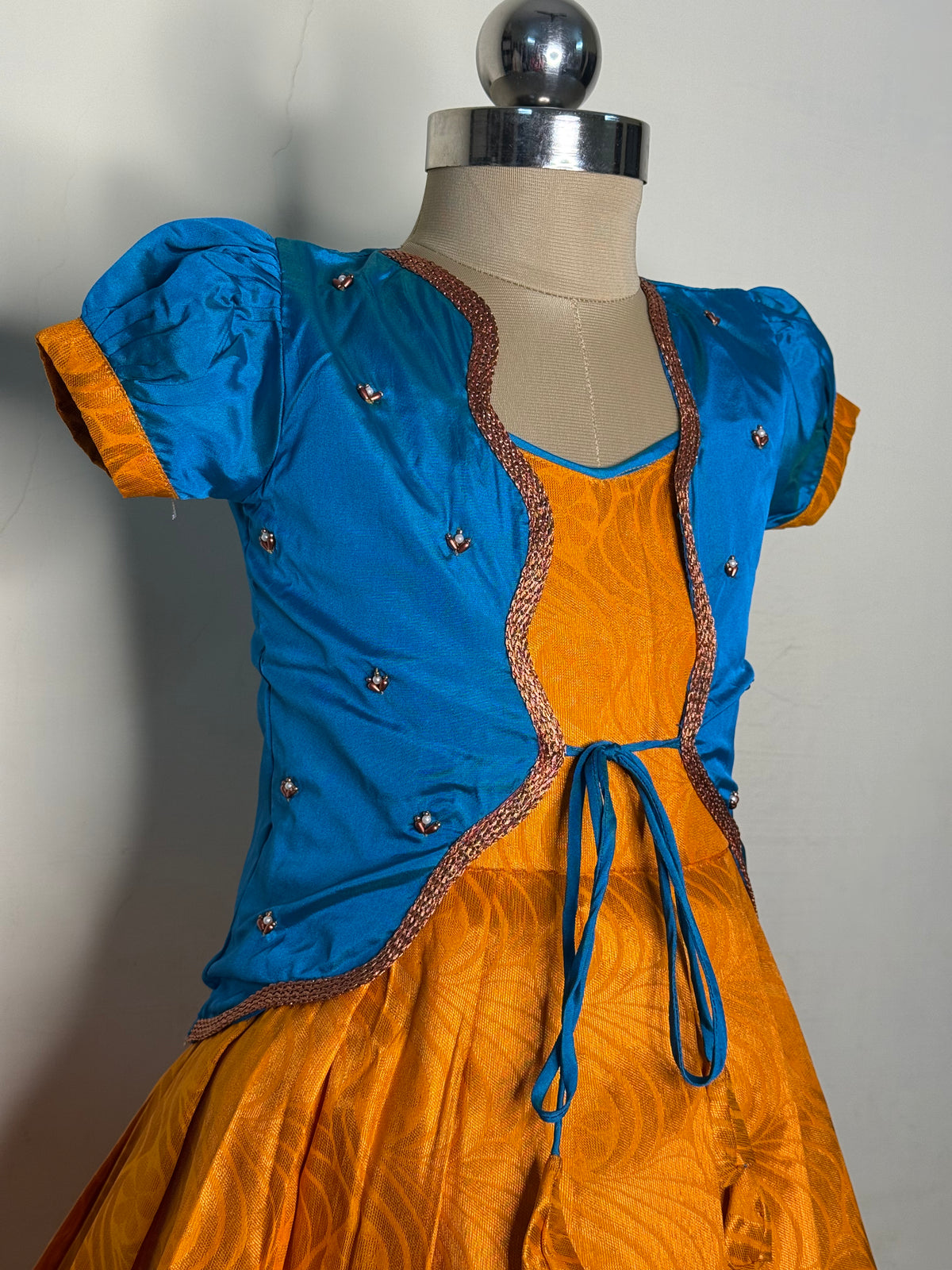 Alagi pattu pavadai Sky blue with Mango yellow for kids and children