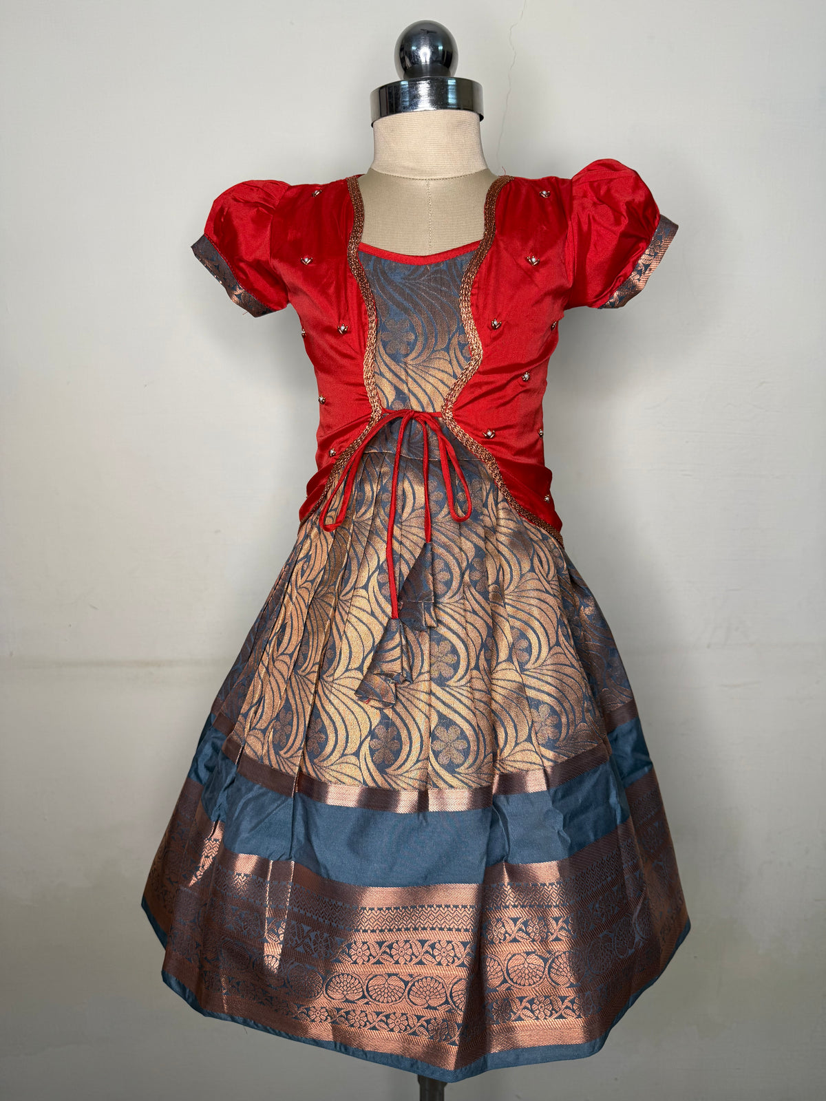 Alagi pattu pavadai elegant Red with Grey for kids and children
