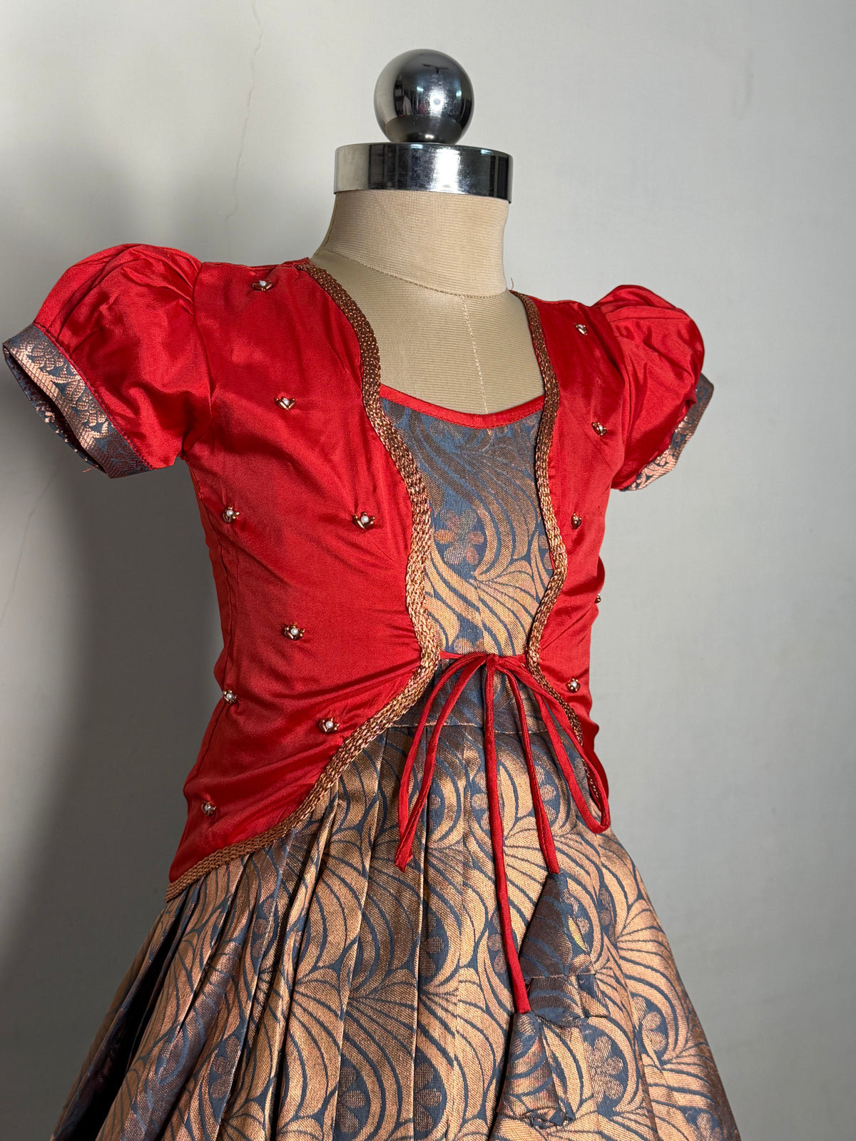 Alagi pattu pavadai elegant Red with Grey for kids and children
