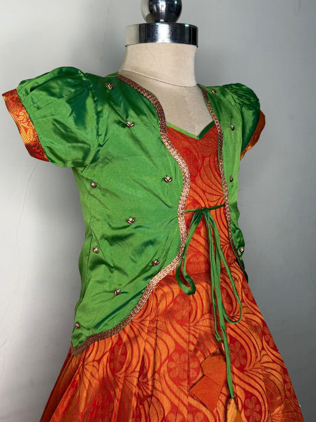 Alagi pattu pavadai green with mango yellow for kids and children