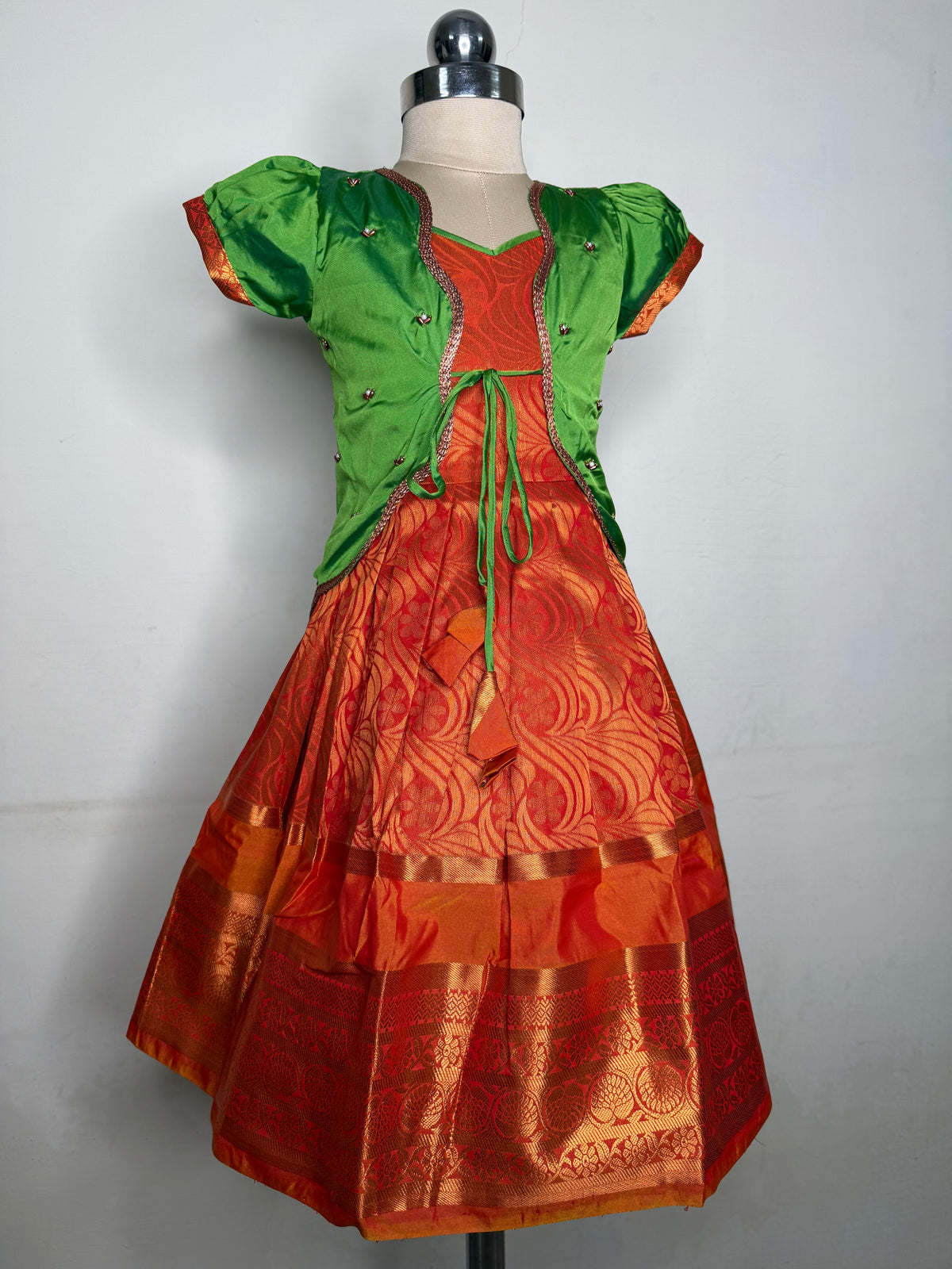 Alagi pattu pavadai green with mango yellow for kids and children