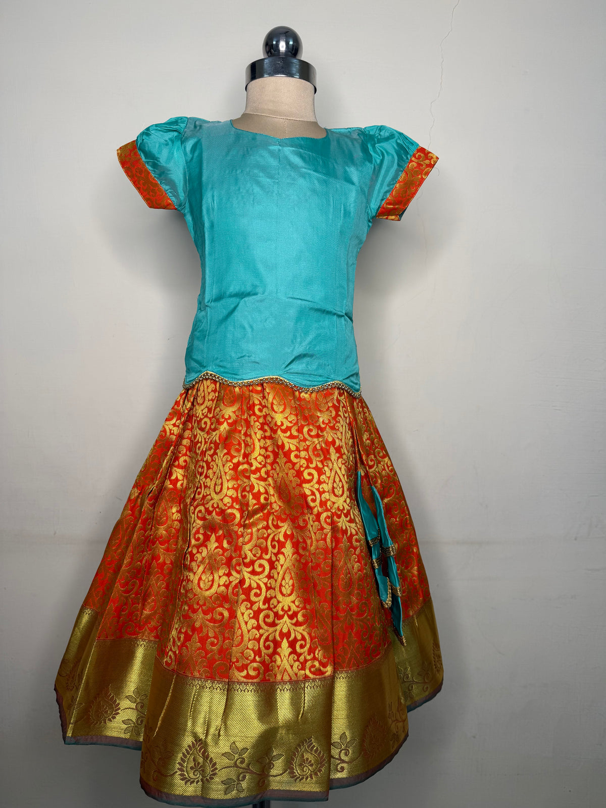 Kannamma 2 in 1 pattu pavadai turquoise with orange