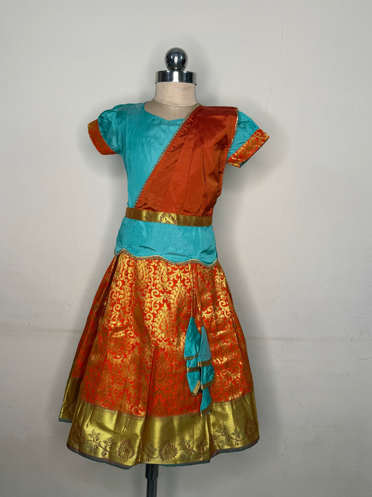 Kannamma 2 in 1 pattu pavadai turquoise with orange