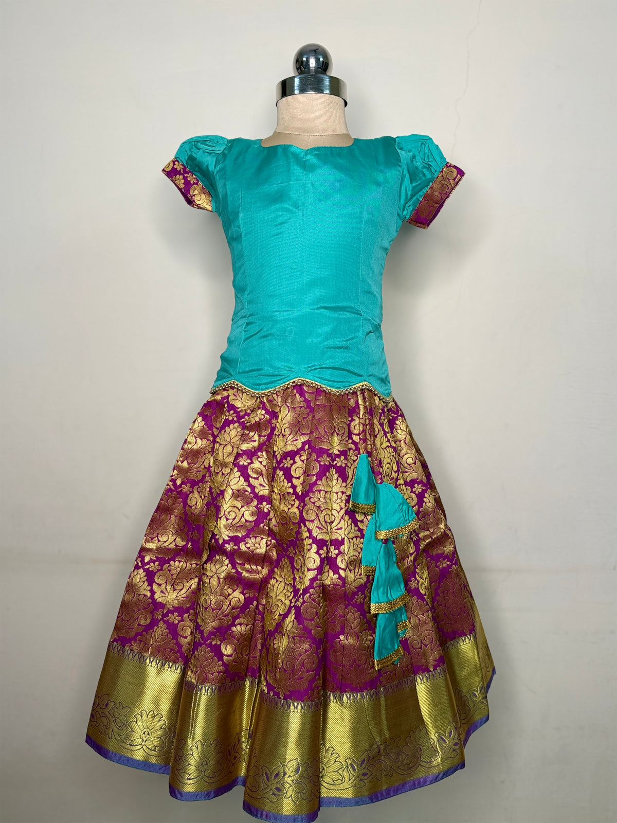Kannamma 2 in 1 pattu pavadai turquoise with purple