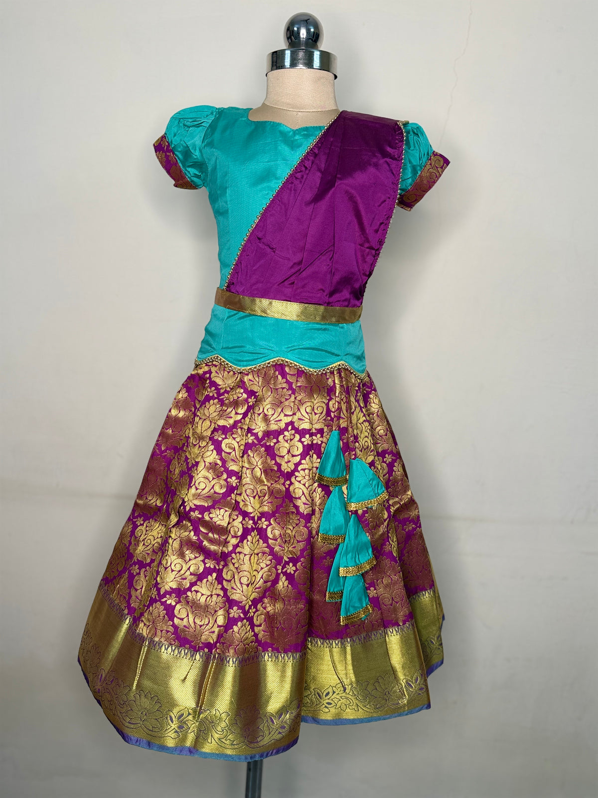 Kannamma 2 in 1 pattu pavadai turquoise with purple