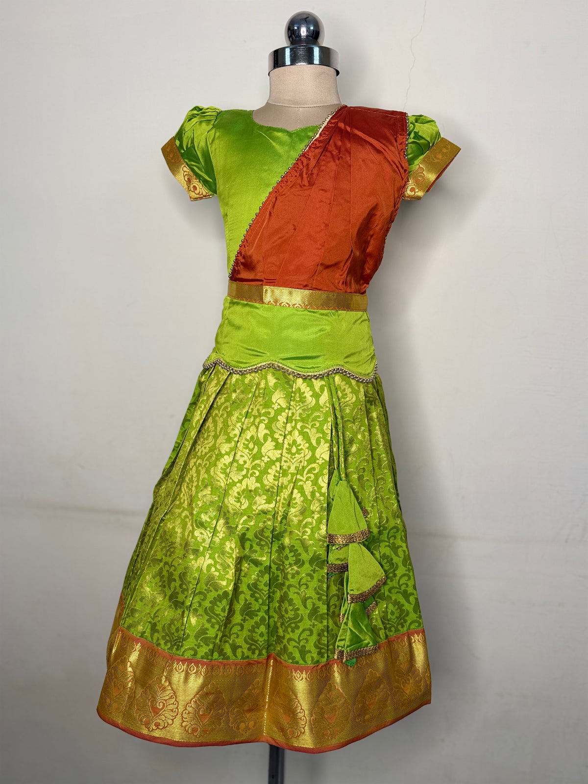Kannamma 2 in 1 pattu pavadai green with orange