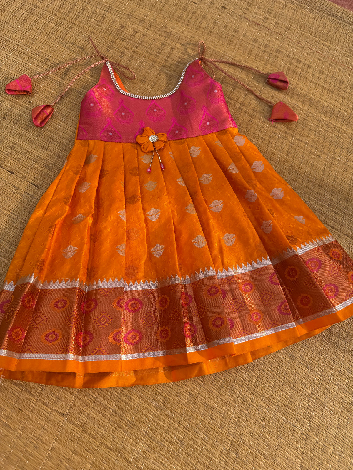 Little Dhiya - Orange with Pink Tie knot frock