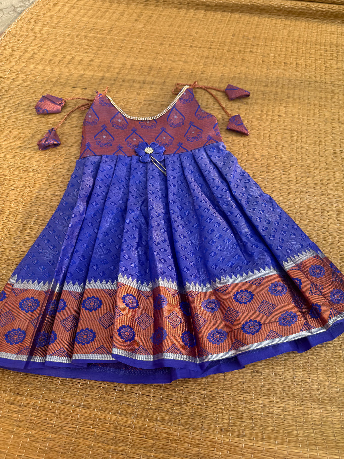 Little Dhiya - RoyalBlue with copper Zari Tie knot frock