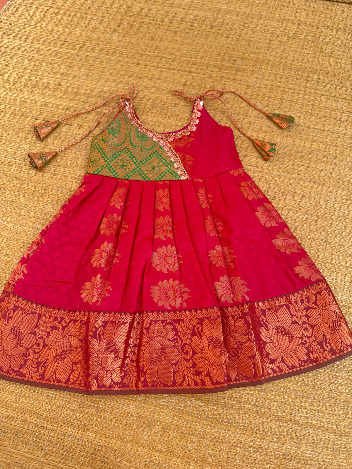 Little Dhiya - Maroon with Green Tie knot frock