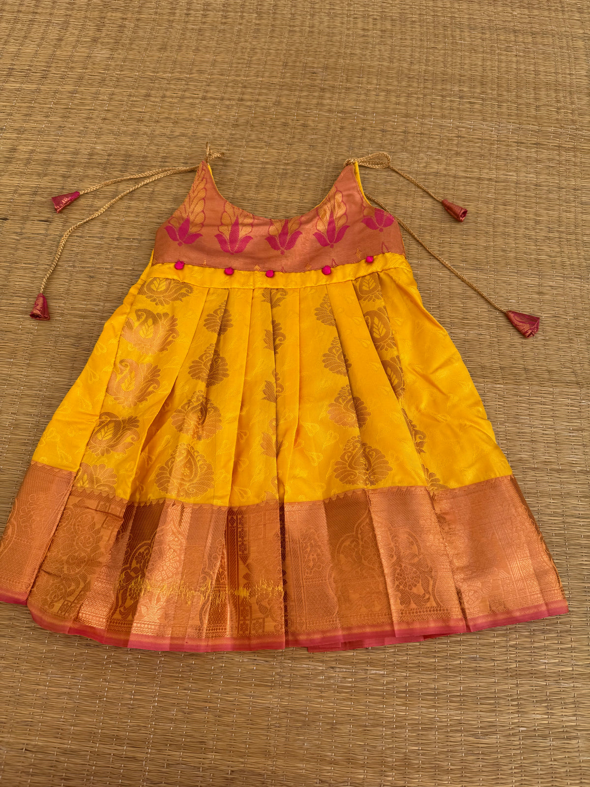 Little Dhiya - Yellow with Pink Tie knot frock