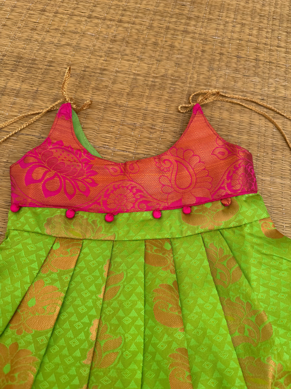 Little Dhiya - ParrotGreen with Pink Tie knot frock