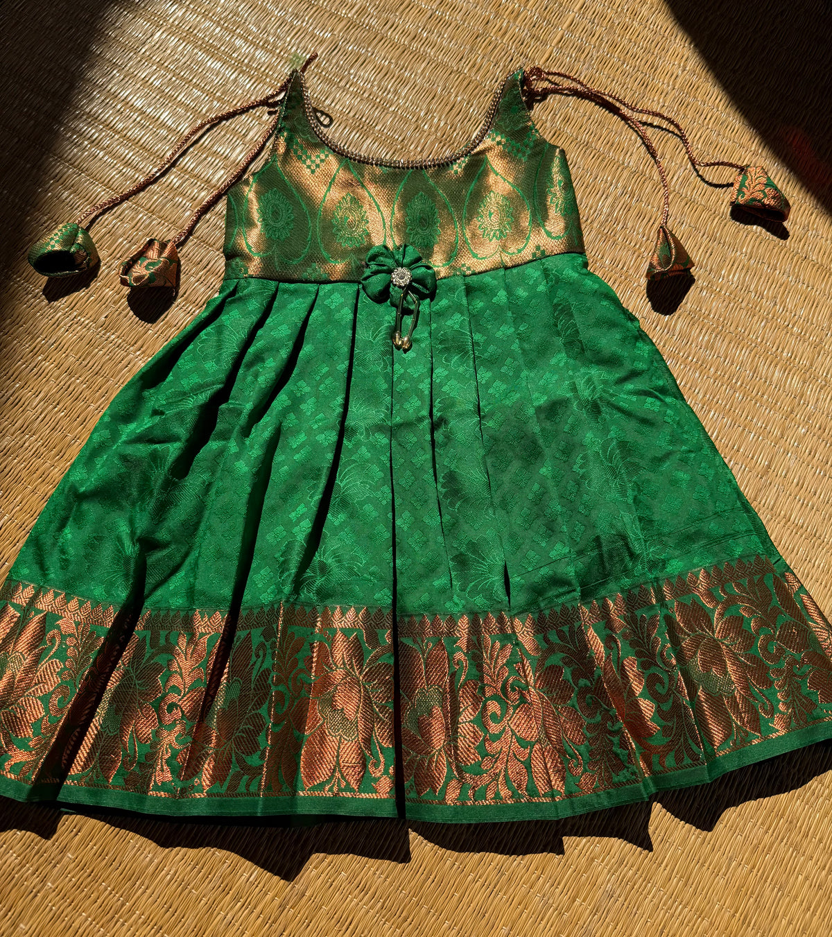 Little Dhiya - Green with copper Zari Tie knot frock