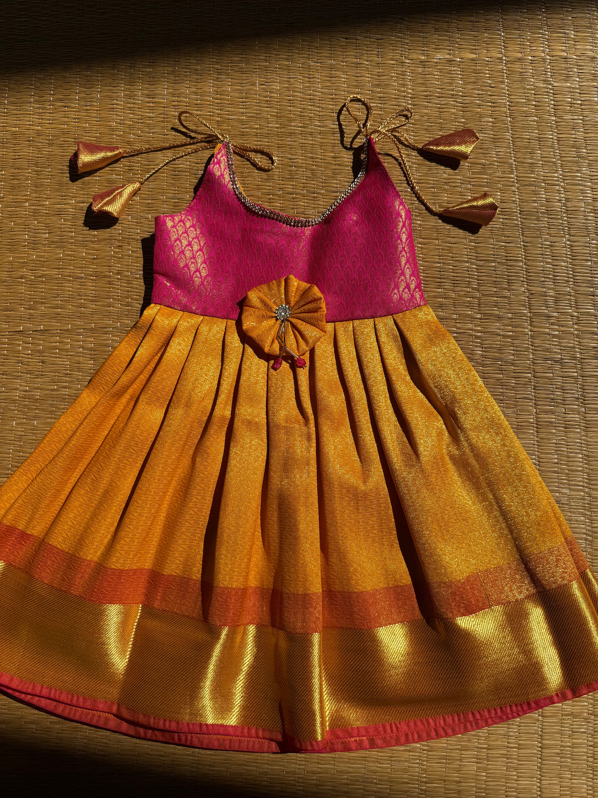 Little Dhiya - Yellow with Pink in Gold Zari Tie knot frock