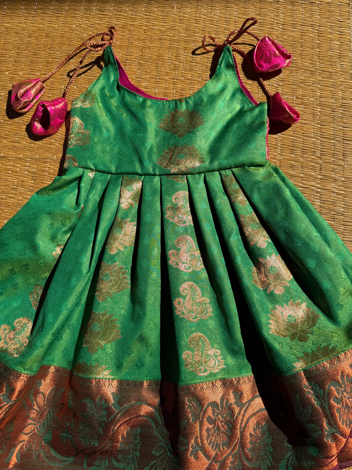 Little Dhiya - Green with Pink Tie knot frock