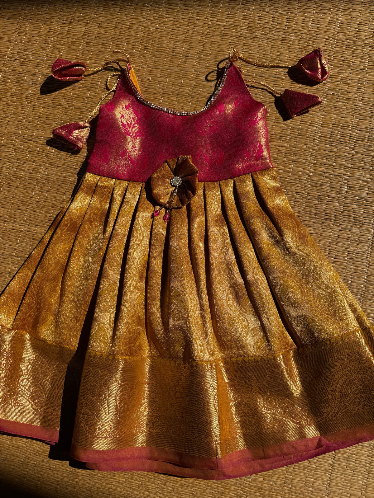 Little Dhiya - GoldenYellow with Pink Tie knot frock