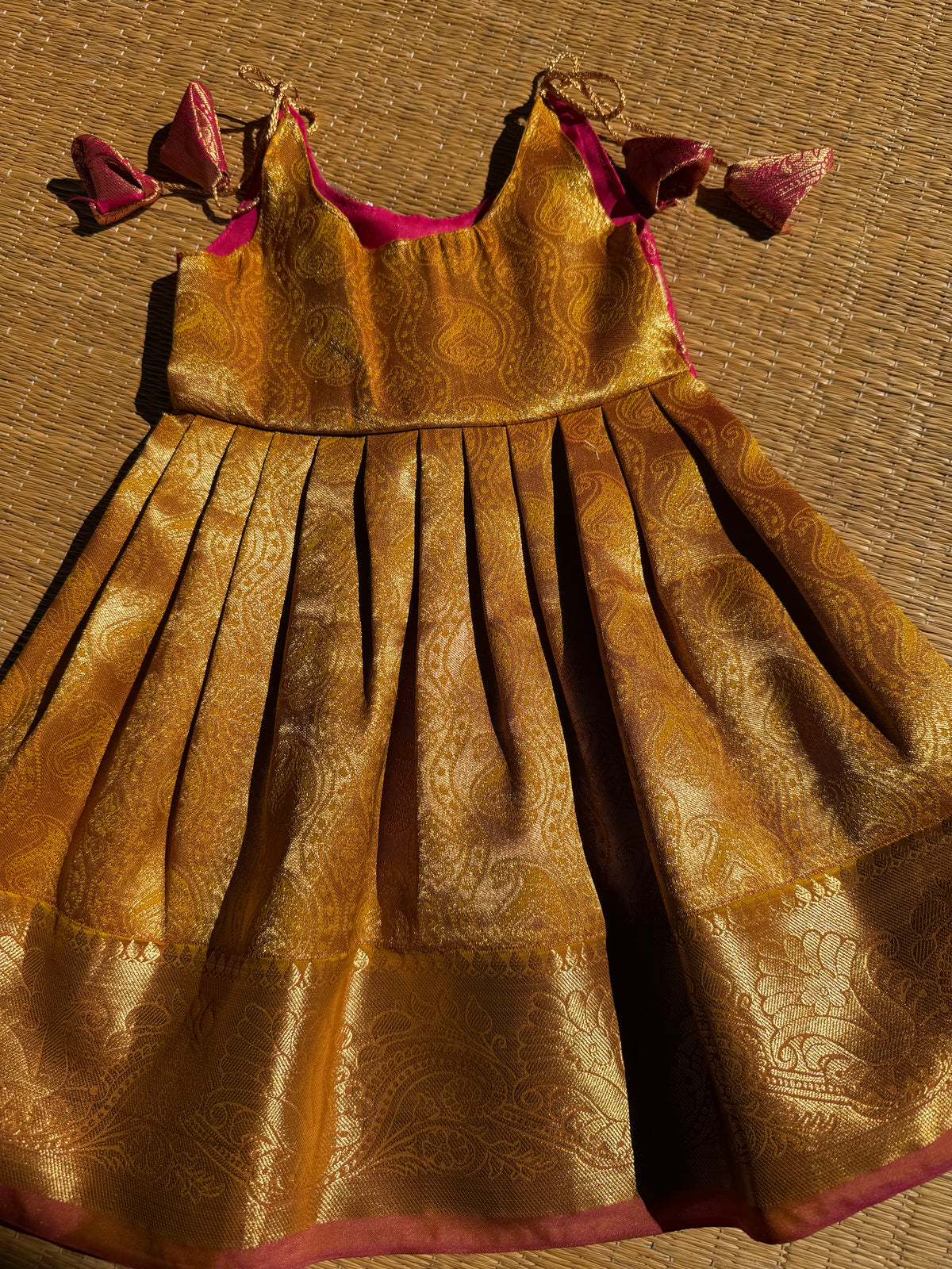 Little Dhiya - GoldenYellow with Pink Tie knot frock