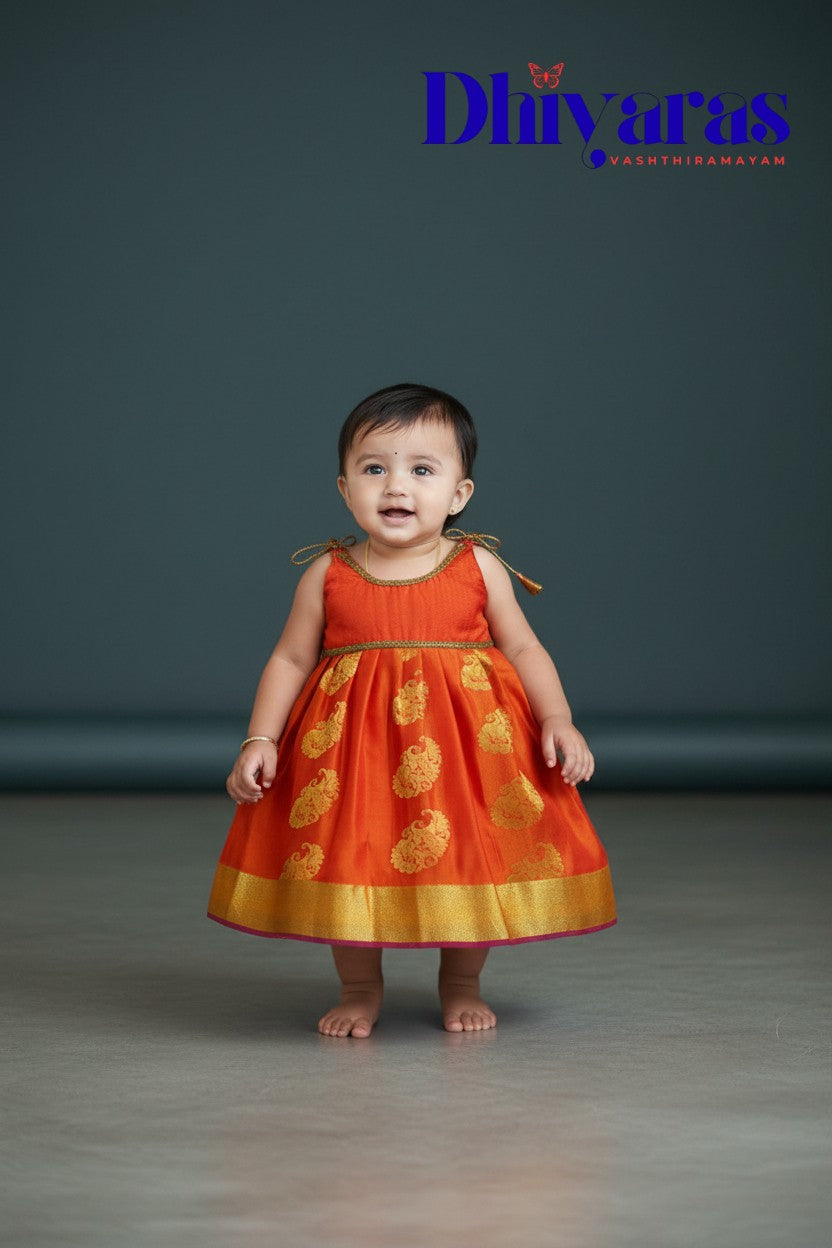 Little Dhiya - Orange with zari tie knot frock for babies