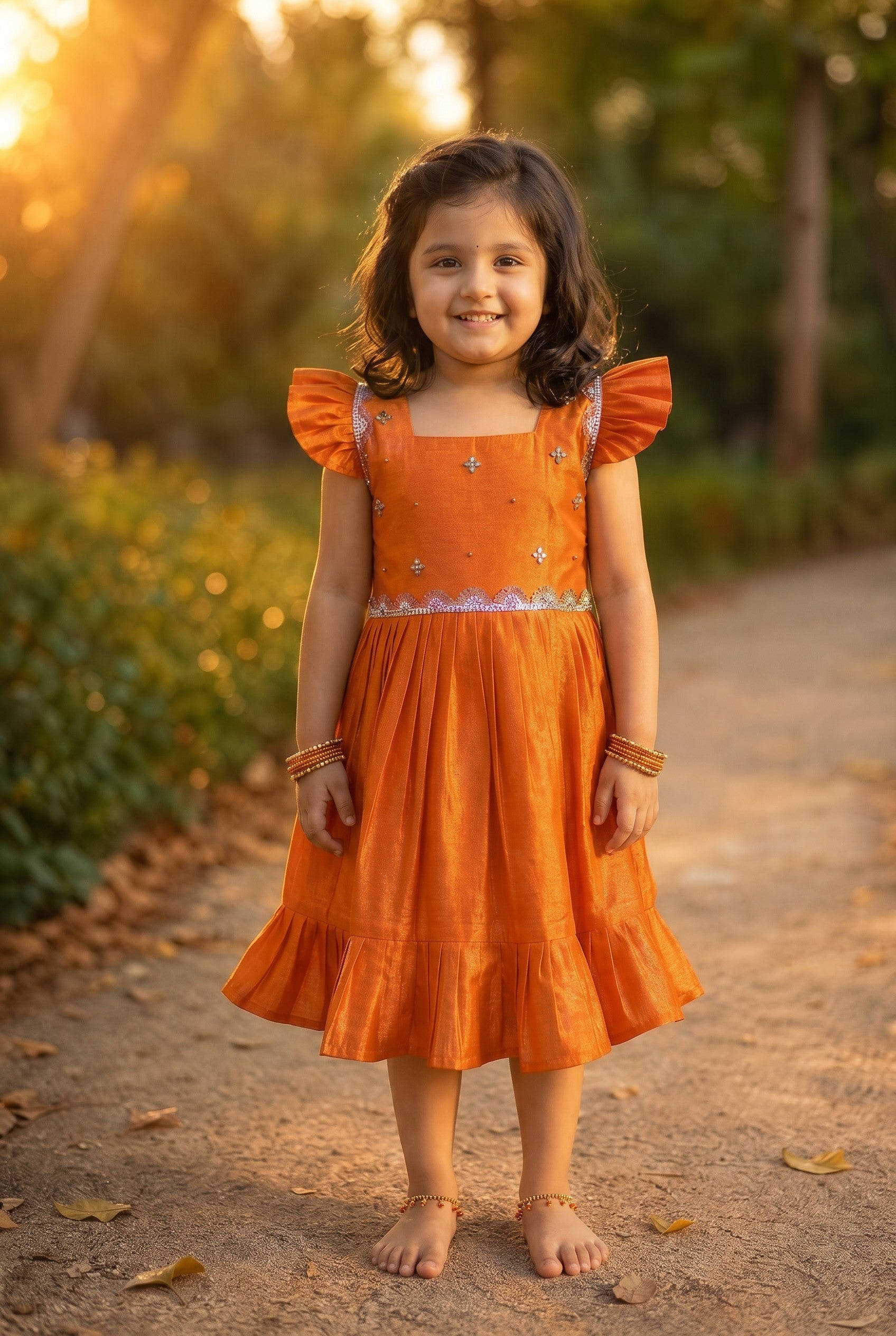 Laya -Orange Elegant Pure tissue cotton frocks for kids to children