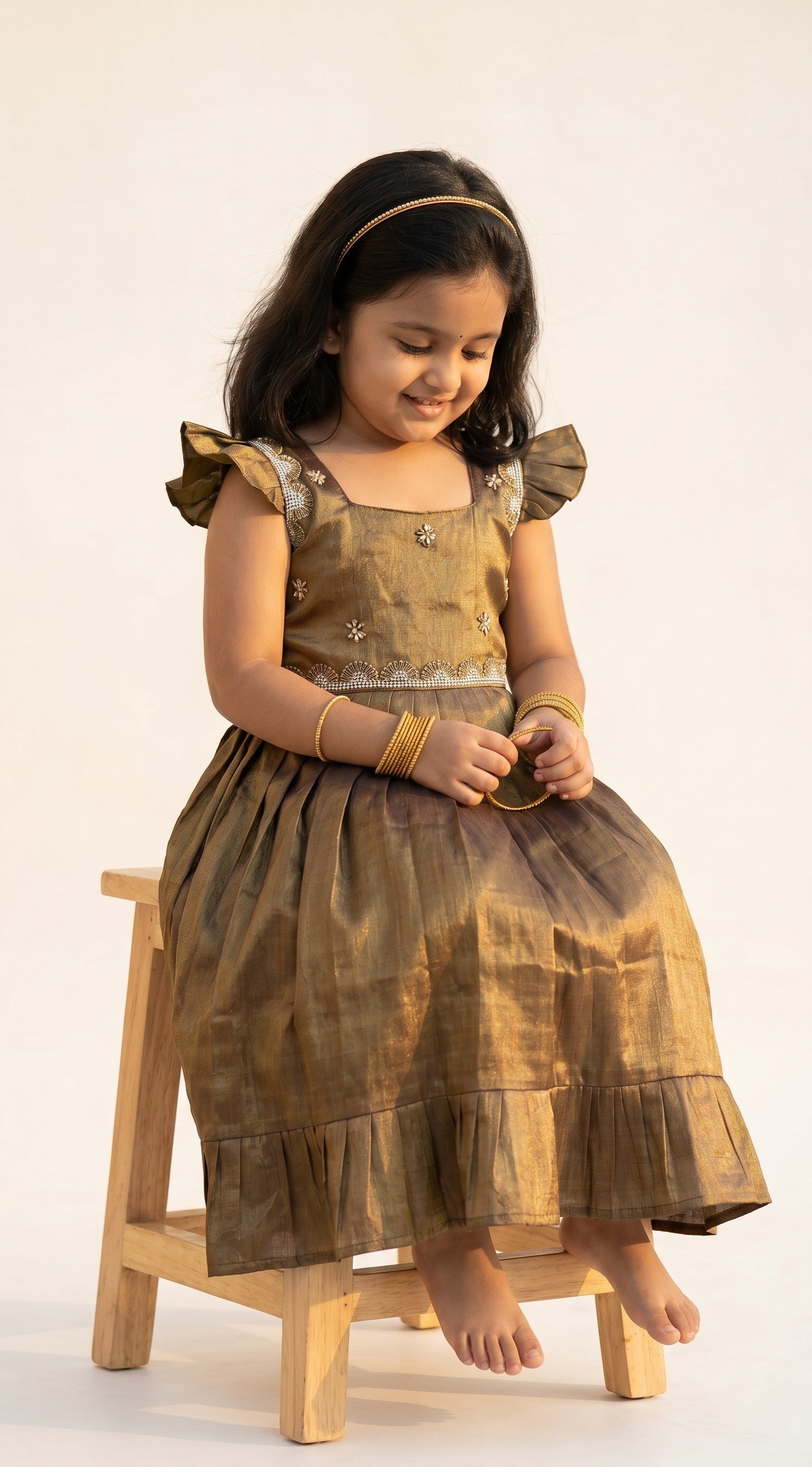 Laya - Blackish Golden Elegant Pure tissue cotton frocks for kids to children