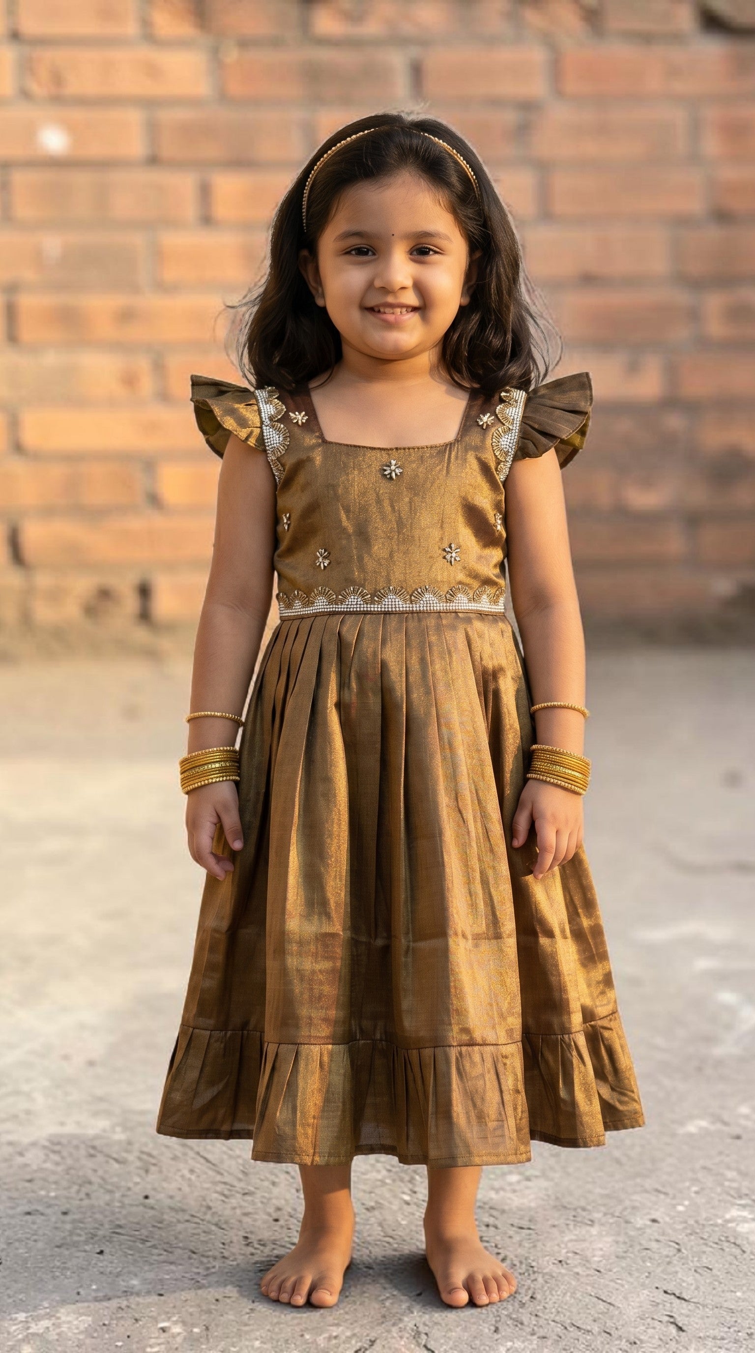Laya - Blackish Golden Elegant Pure tissue cotton frocks for kids to children