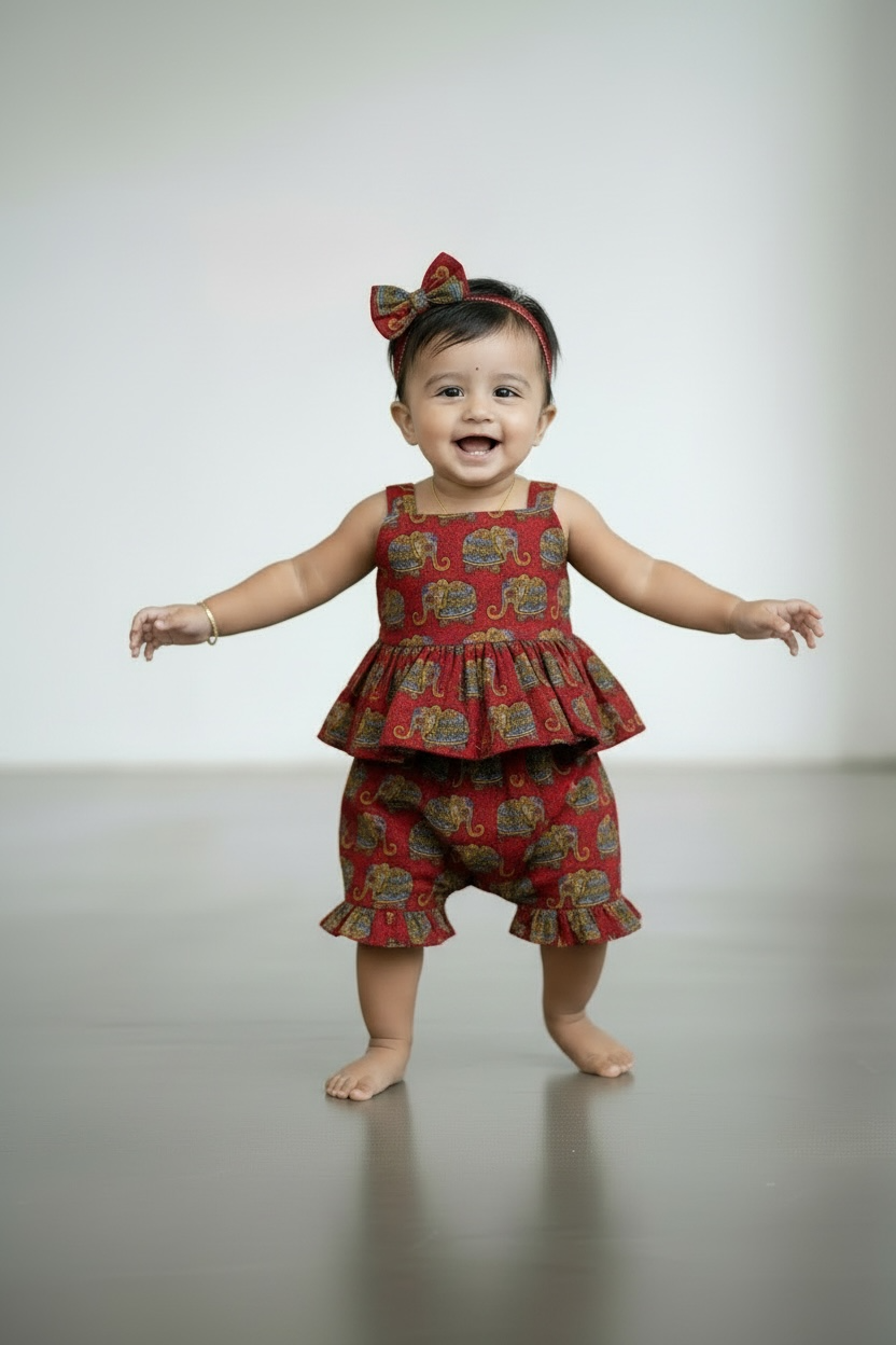 Maroon colour elephant print Kids and children co-ords set- premium cotton