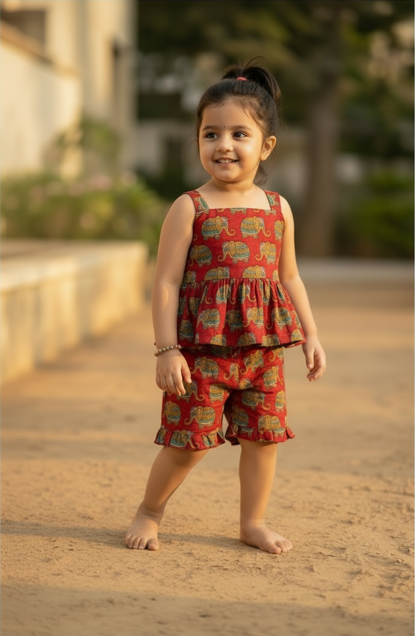 Maroon colour elephant print Kids and children co-ords set- premium cotton