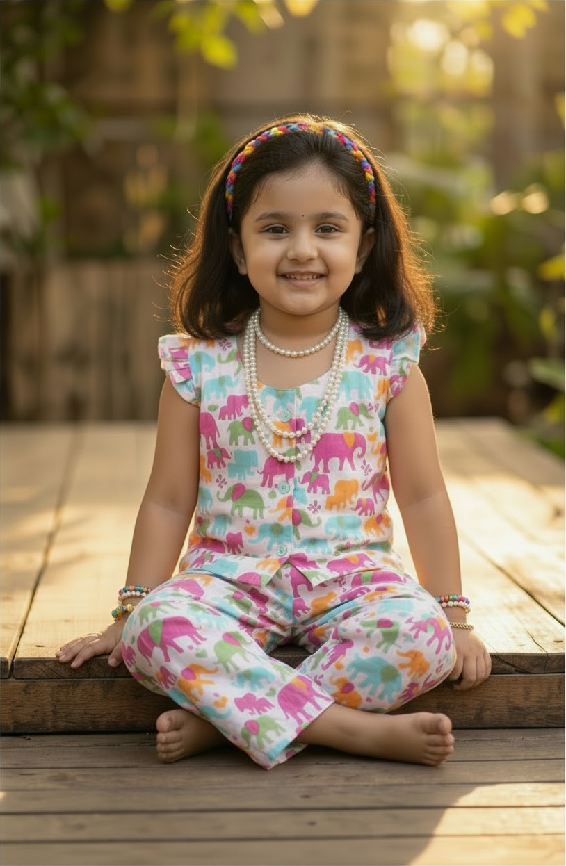 Multi colour elephant print Kids co-ords set- premium cotton