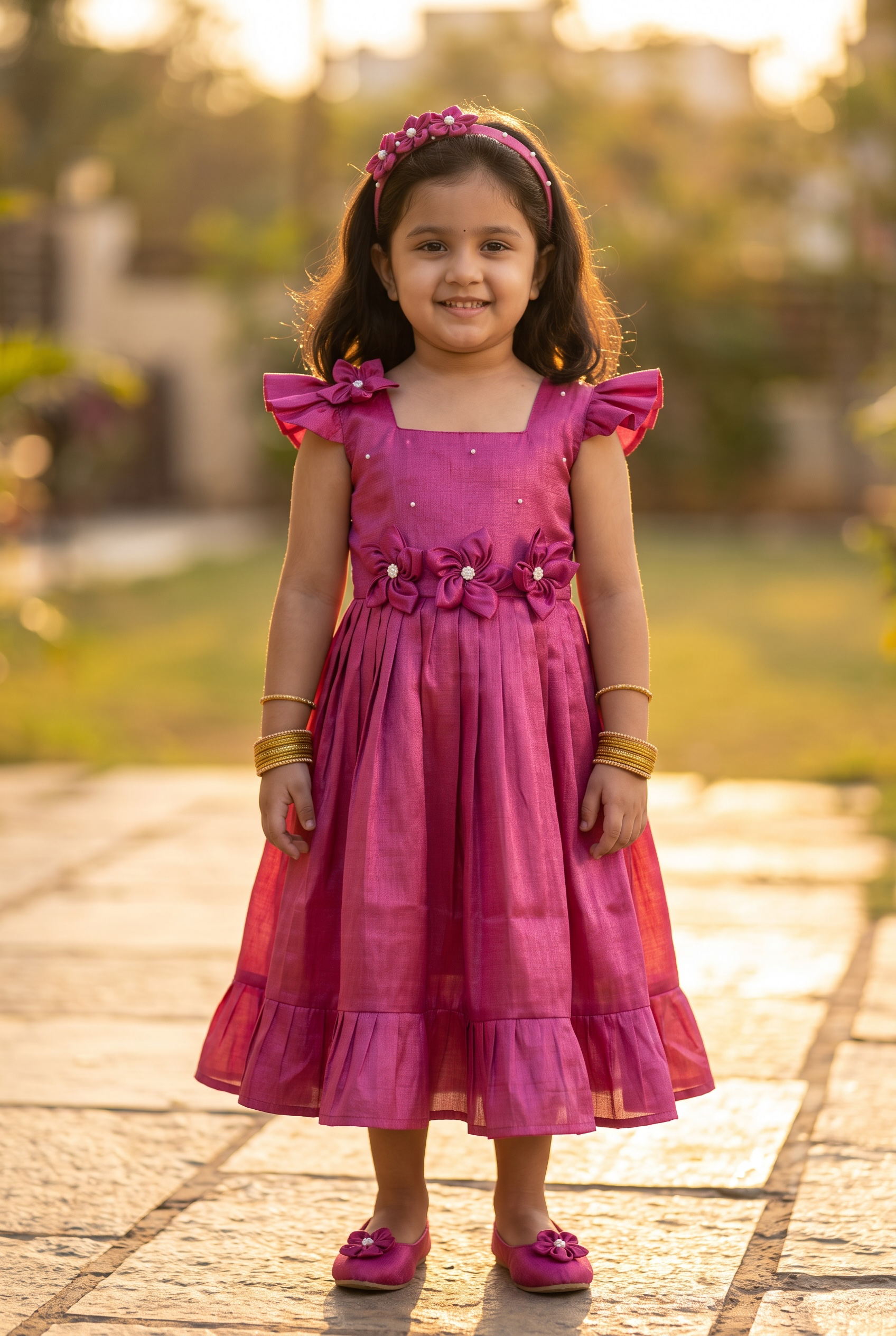 Laya - Magenta pink Elegant Pure tissue cotton frocks for kids to children