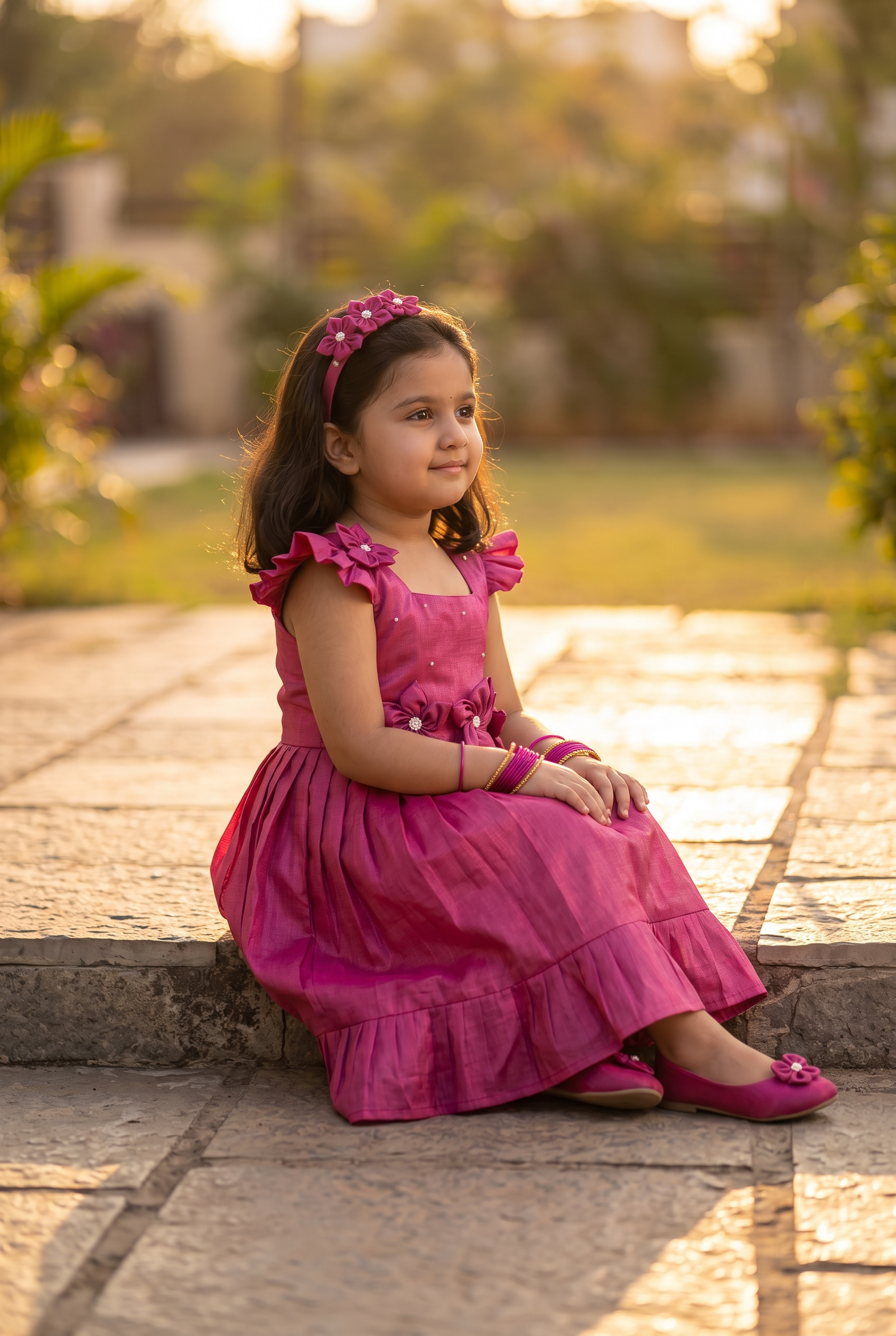 Laya - Magenta pink Elegant Pure tissue cotton frocks for kids to children
