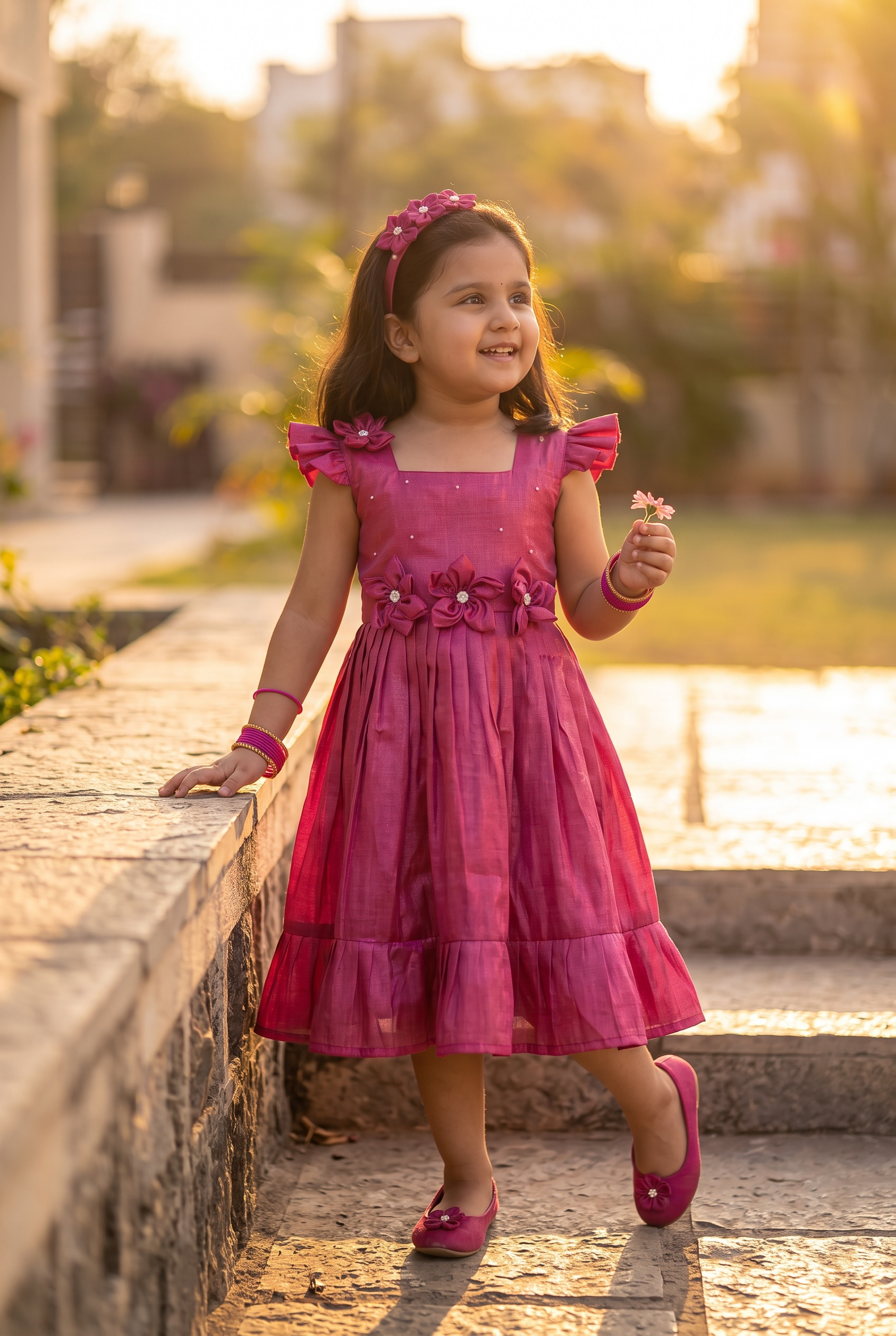 Laya - Magenta pink Elegant Pure tissue cotton frocks for kids to children