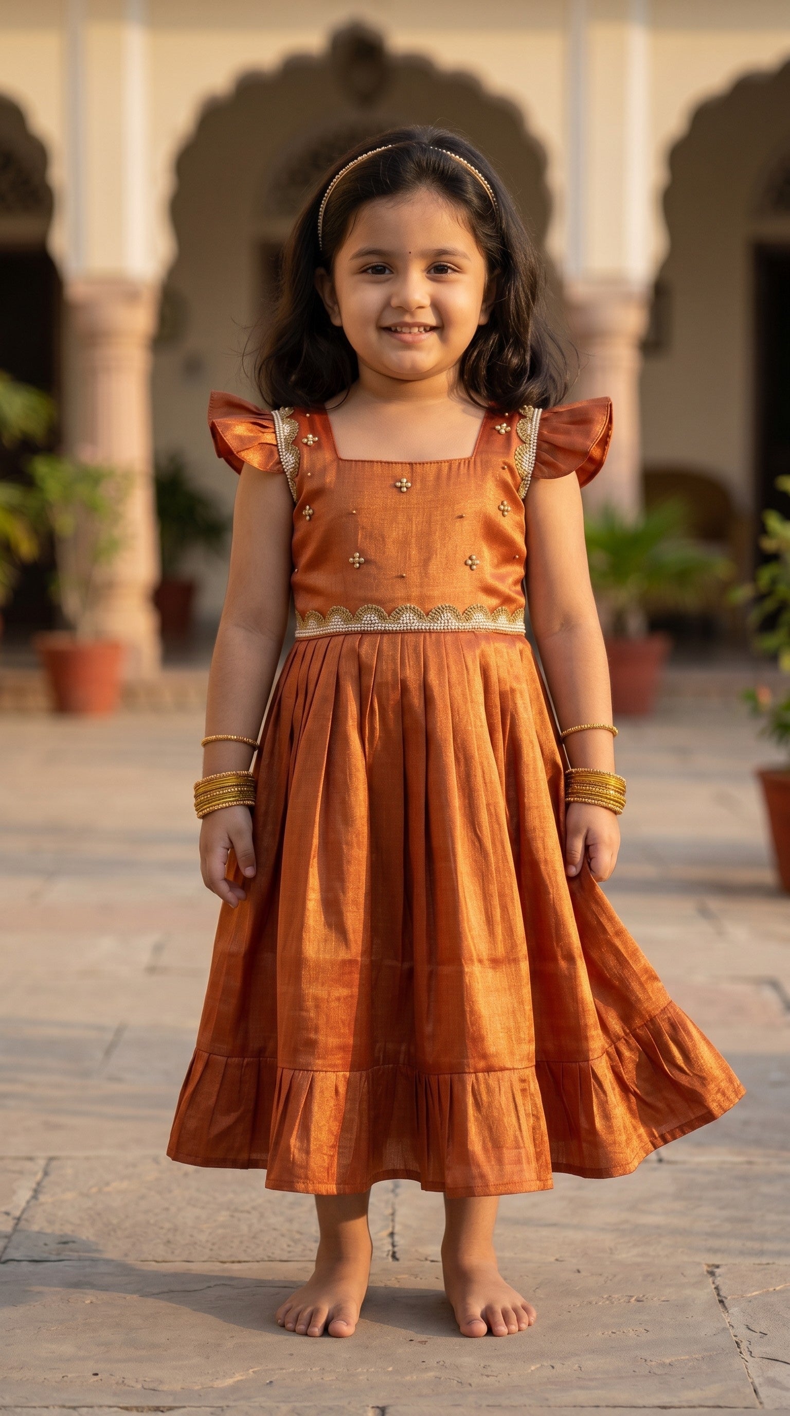 Laya - Burnt Copper Elegant Pure tissue cotton frocks for kids to children