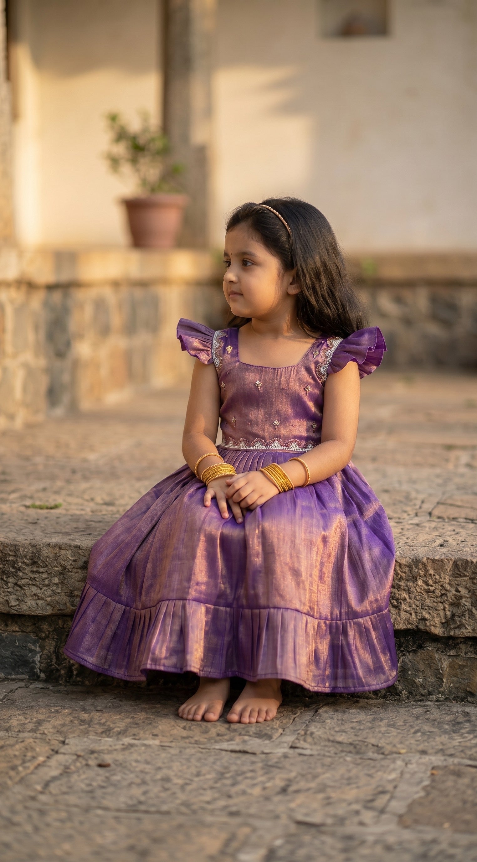 Laya -Purple with copper Elegant Pure tissue cotton frocks for kids and children